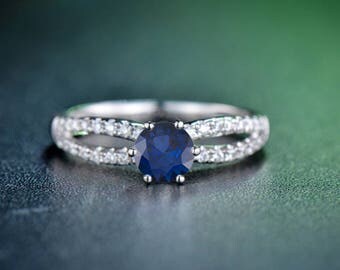 Blue Sapphire Engagement Ring 14k White Gold / Yellow Gold / Rose Gold Round Blue Sapphire Ring Split Engagement Ring Proposal Ring