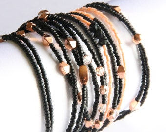Beaded cuff wrap bracelet - black and pink copper