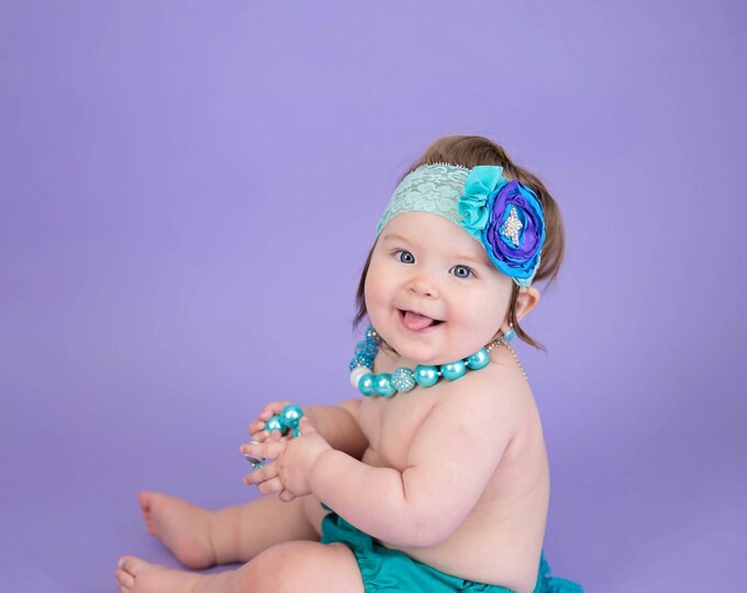 Baby Girls Over The Top Murmaid Headband, photo prop, birthday headband, baby headband, baby bows, aqua headband, teal, turquoise, purple