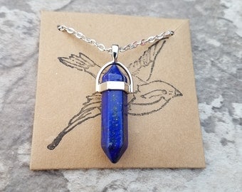 Lapis Lazuli Gemstone Point Chakra Healing Crystal Pendant. Wisdom and Truth. 18" Silver Chain. Minimalist. Layering. Short Necklace. 308