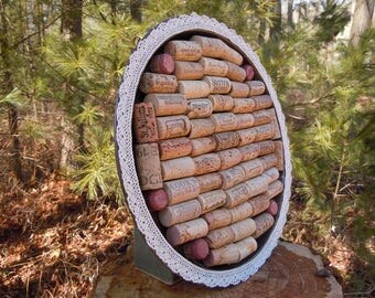 Wine Cork tray, wall hanging or memo board, metal, with lace