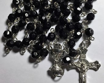 Personalized Boys Black First Holy Communion Rosary Beads