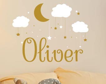 Name Wall Decal Baby Nursery Wall Decal Name Boy Nursery Vinyl Decal Clouds Wall Decor Moon Stickers Decal Star Art Decor S66