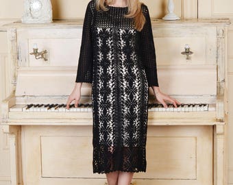 PERLE NOIRE hand-crocheted lace elegant Evening black dress from cotton. Made to order