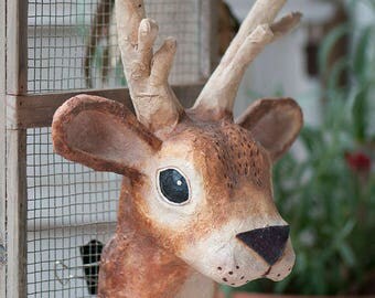 paper mache, deer, head wall mount, home decor, animal head, wall hanging