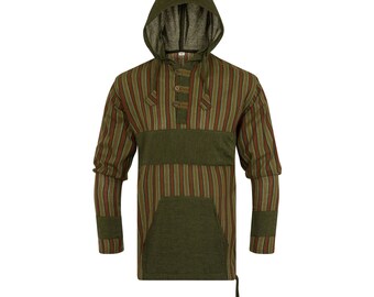 Grandad Shirt with Hoodie // Long Sleeve Kurta // 100% Cotton // Made in Nepal // Striped // Hippie Hobo Boho Bohemian Wear