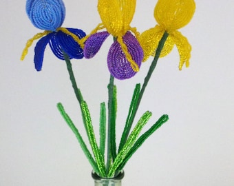 Trio of French Beaded Flowers Iris