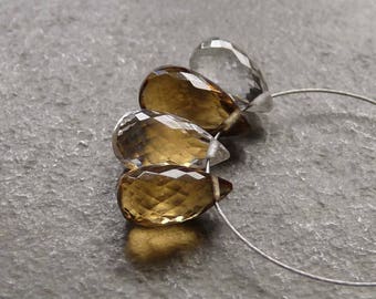 AAA - Crystal & Whiskey Quartz Faceted Full Drop Briolette Beads - 9-10mm - 4 Beads