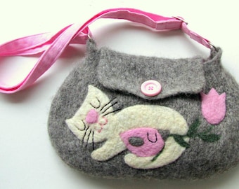 Felted bag purse gray wool handbag shoulderbag hand knit needle felted cat birdie bird flower
