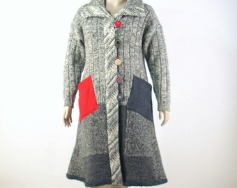 Reconstructed Sweater Coat/ Duster Coat/Upcycled/Large 14/16/ Heather Grey Tweed