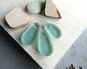 Aqua Recycled glass pendant, drop teardrop, green blue frosted transparent sea green tone, aquamarine color 25 to 31mm (2 pendants) 6BK10