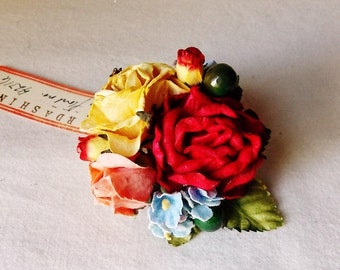 Cherry Red Powder Blue Ginger peach Roses Mixed bunch Vintage style Millinery Flower spray Bouquet corsage