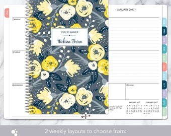 weekly planner 2017 & 2018 calendar | add monthly tabs custom student planner | personalized planner agenda | yellow grey floral pattern