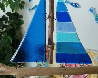 Fused Glass and Driftwood Sailboat Suncatcher