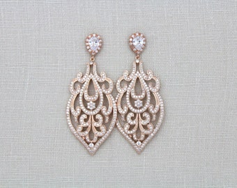 Rose Gold Earrings, Bridal earrings, Bridal jewelry, Rose Gold chandelier earrings, Crystal Art Deco Earrings, Statement earrings, AMELIA