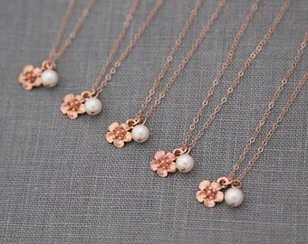 Rose Gold Bridesmaid Jewelry, Gift for Bridesmaid, Gift Set of 5, Rose Gold Bridesmaid Necklace, Rose Gold Necklace