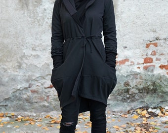 Kimono Cardigan, Gothic Jacket, Goth Clothing, Steampunk Jacket, Black Cardigan, Big Hood Hoodies, Black Jacket, Plus Size Cardigan