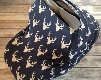 Car Seat Cover, Nursing Cover, Shopping Cart Cover, All In One Cover, Art Gallery Hello Bear Jersey Knit Buck Forest Twilight, Navy