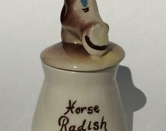 Vintage Horse Radish Jar Kitschy Kitchen Deforest Pottery Mid Century Kitsch