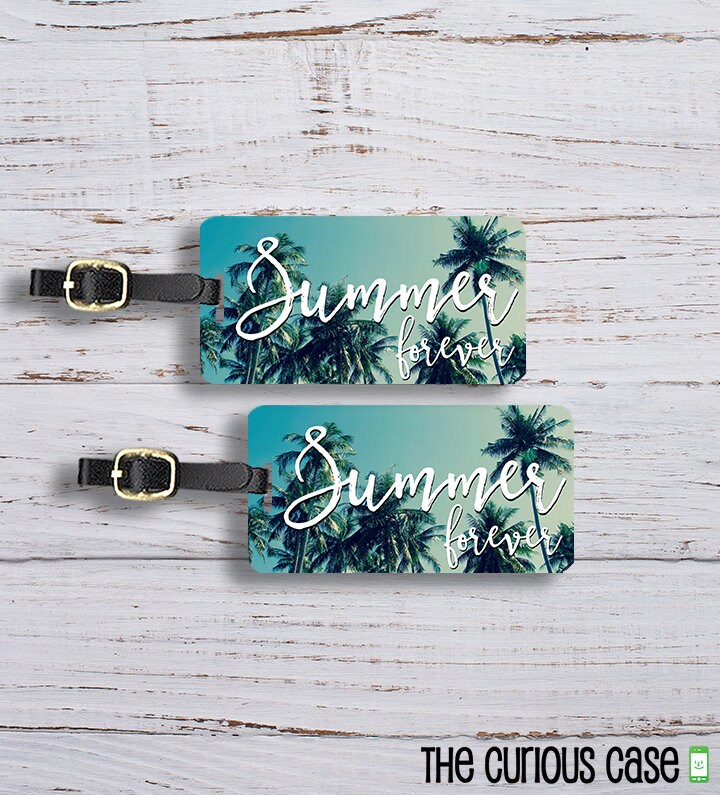 Luggage Tag Set Summer Forever Palm Tree Sky Metal Luggage Tag Set With Printed Custom Info On Back, 2 Tags Choice of Straps