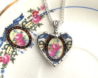 Broken china jewelry heart pendant beautiful pink roses