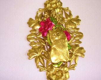 Cat Flower Gold Tone Brooch