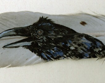 Raven Hand Painted on Turkey Feather, Framed
