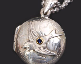 Sterling Silver Locket Necklace Sterling Silver Compass Necklace Compass Locket Silver Bird Necklace Silver Compass Necklace