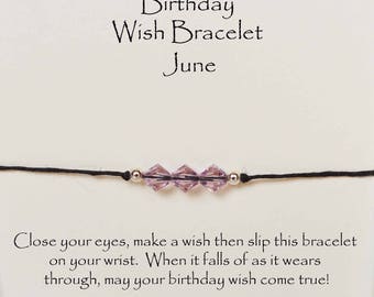 Birthday wish bracelet, Crystal wish bracelet, Swarovski crystal w cord adjustable birthstone bracelet w card, birthday wish string bracelet