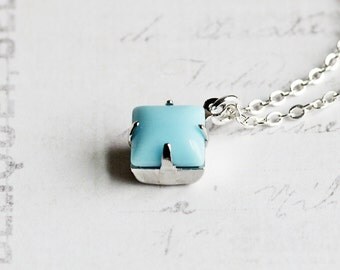 Baby Blue Necklace, Small Rhinestone Pendant on Silver Plated Chain, Light Blue Necklace, Pastel Blue, Vintage Glass Stone, Dainty Jewelry