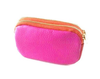Pink money pouch wallet, travel jewelry pouch, personalized pouch, small coin purse leather zip pouch, leather pouch, mini wallet zipper