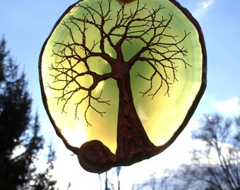 Copper Wire Tree Of Life Metal Wall Art Sculpture Garden Ornament On A Green Agate Geode Stone Crystal Suncatcher With A Gemstone