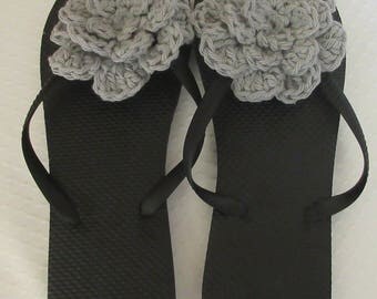 Black Flip Flops, Women's Black Flip Flops, Size Medium 7 - 8, Flower Flip Flops, Summer Shoes