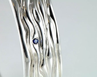 Heavy Sterling Silver Bangle Bracelet - Water Bracelet - Wide Bracelet Bangle - Ocean Wave Bracelet - Chunky Bracelet With Sapphires