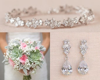 Bridal Jewelry SET, Crystal Wedding Jewelry, Rose gold Bracelet, Gold Bridal Earrings, Kendall Jewelry SET