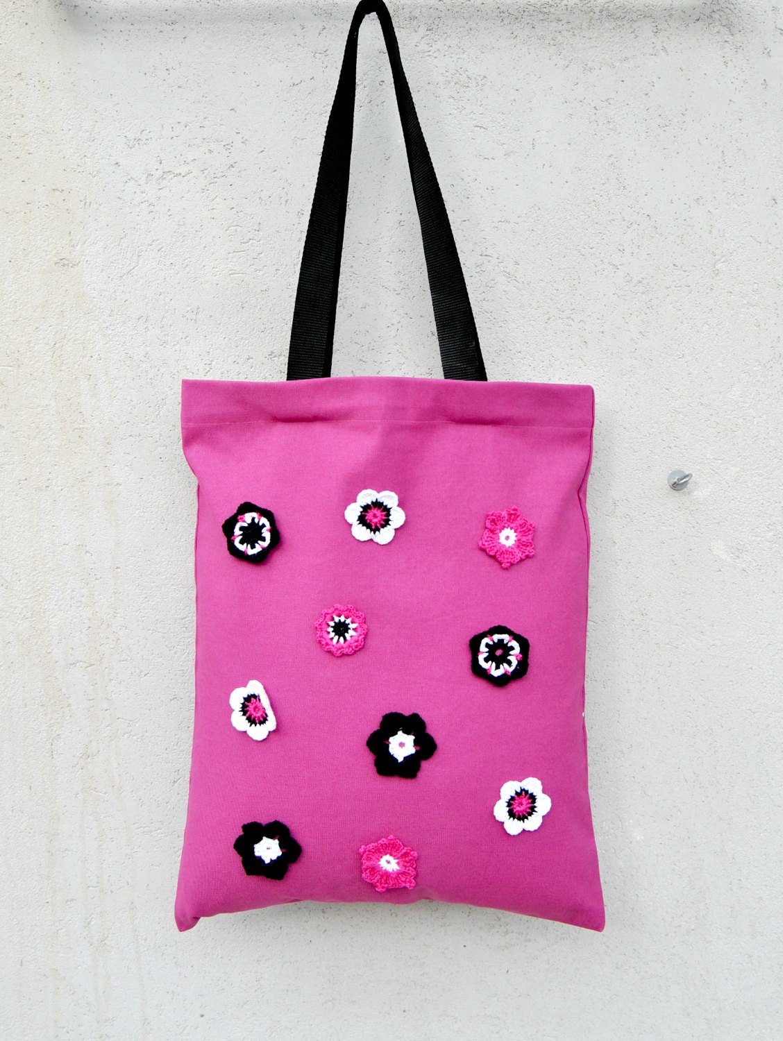 Market Tote bag with flowers. Canvas Long handles shopper bag.