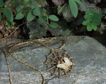 Butterfly on Web Necklace - vintage enamel butterfly and brass web