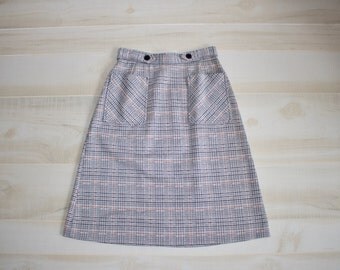 Vintage 60s Mod Skirt, 1960s Plaid Skirt, Pockets, High Waisted, A Line, Midi