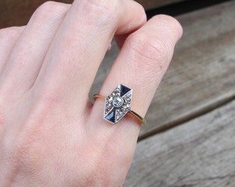 Art Deco Sapphire and Diamond Ring in 18k White and Yellow Gold