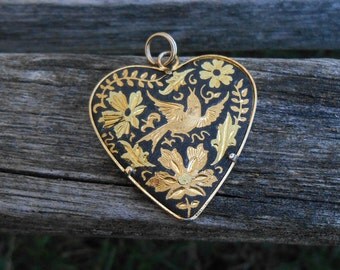 Vintage Damascene Heart Pendant. 24k Gold Leaf, 1960's. Made in Spain. Anniversary, Birthday Gift, Mom