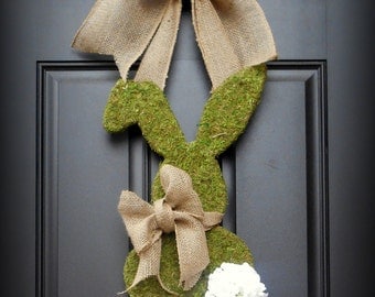 Easter Wreath. Spring Wreath. Bunny Wreath. Moss Covered Bunny with Geranium Cotton Tail and Burlap Bowtie. A French Country Easter.