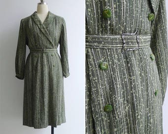 Vintage 70's 'Green Bamboo' Silky Double Breasted Dress L or XL