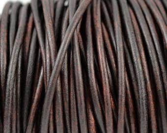 3mm Natural Antique Brown Leather Round Cord - Distressed Matte Finish