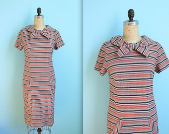 vintage midcentury shift dress / bow collar / chevron striped / orange black grey white / womens size small