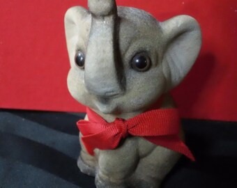 Vintage Flocked Ceramic Anthropomorphic Grey Elephant with Red Bow Figurine ~ Retro Collectible Kitsch Animal Home Decor