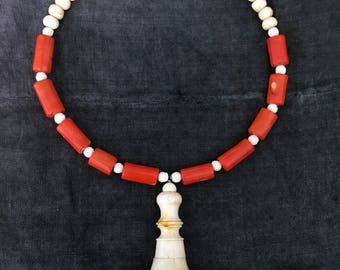 Light me On - Necklace. Antique switch, red coral, hand carved, vintage assembled, antique reconstructed