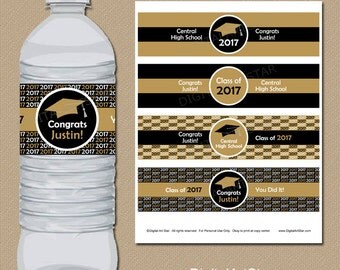 High School Graduation Party Decorations, Printable Graduation Water Bottle Labels, Personalized Graduation Party Supplies Black and Gold G1