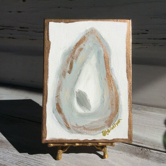 Oyster Shell Painting/Gold Leaf Oyster Shell Art/Coastal Theme