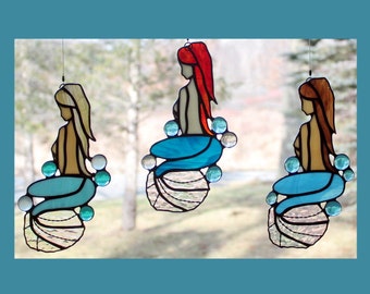 Stained Glass Mermaid Suncatcher Blonde, Brunette or Redhead, Beach Decor, Glass Art