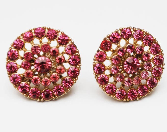 Coro Rhinestone Earrings - Pink Round - mid century - screw back Earring - Gold plated metal